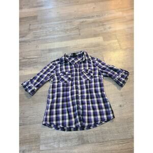 Vintage collection medium youth black and purple plaid button down girls shirt